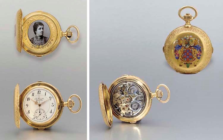 Swiss. A fine 18K gold and enamel hunter case two train minute repeating chronograph keyless lever clock watch with carillon