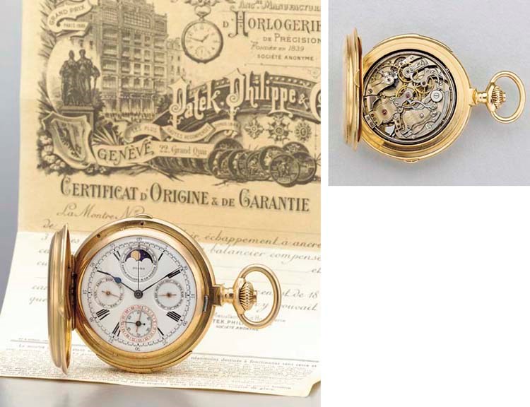 Patek Philippe. A rare and important 18K pink gold hunter case perpetual calendar minute repeating chronograph keyless lever watch with phases of the moon