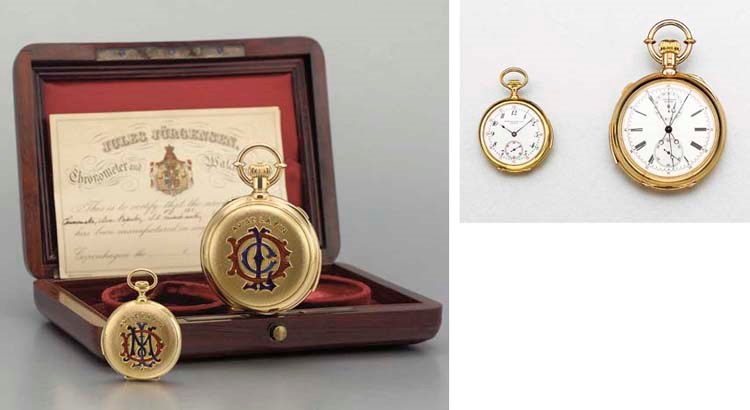 Jules Jurgensen and Patek Philippe. One 18K gold and enamel openface minute repeating split-second chronograph keyless lever watch and one fine and unusual 18K gold and enamel openface minute repeating keyless lever pendant watch