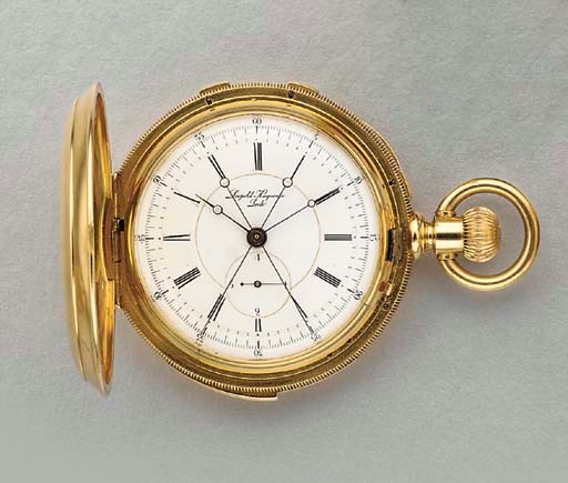 Huguenin. A fine and rare 18K gold hunter case two train minute repeating split second chronograph keyless lever watch with flying 1/4ths of a second