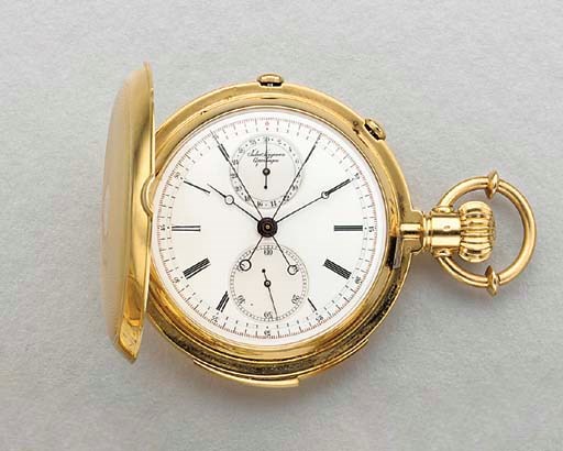 Jules Jurgensen. An 18K gold hunter case minute repeating split-second chronograph keyless lever watch