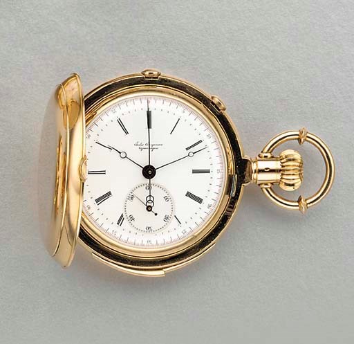 Jules Jurgensen. An 18K pink gold hunter case minute repeating split-second chronograph keyless lever watch