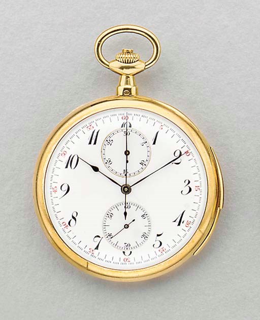 Swiss. An 18K gold openface minute repeating chronograph keyless lever watch