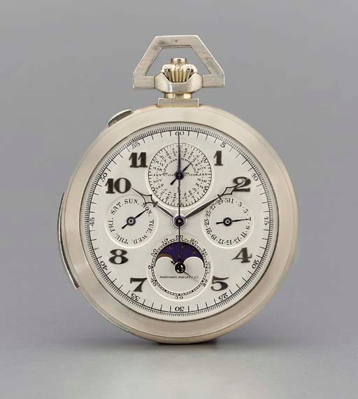 Audemars Piguet. A fine and rare 18K white gold openface minute repeating perpetual calendar split second chronograph keyless lever watch with phases of the moon