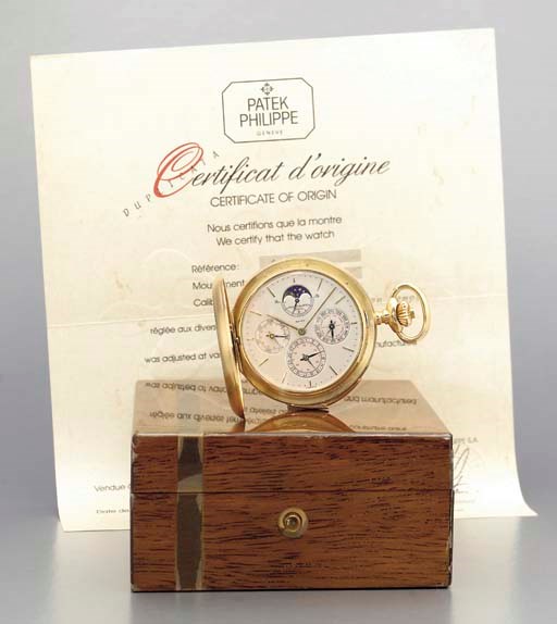 Patek Philippe. A rare and important 18K gold hunter case perpetual calendar minute repeating keyless lever watch with equation of time and phases of the moon