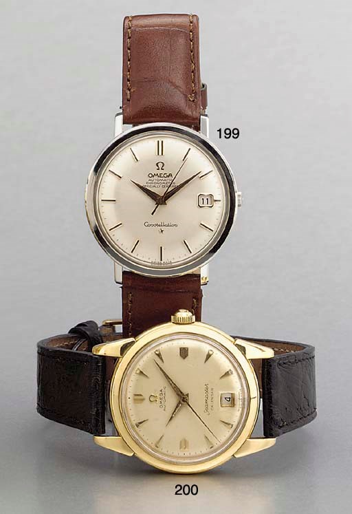 Omega. Two stainless steel self-winding water-resistant wristwatches with date and sweep center seconds, and one stainless steel and gilt self-winding water-resistant wristwatch with date and sweep center seconds