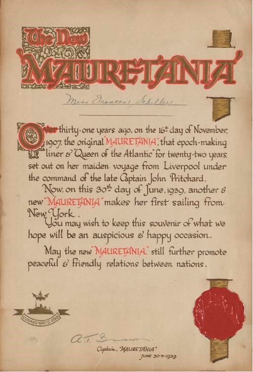 A certificate and two photographs of the R.M.S. Mauretania