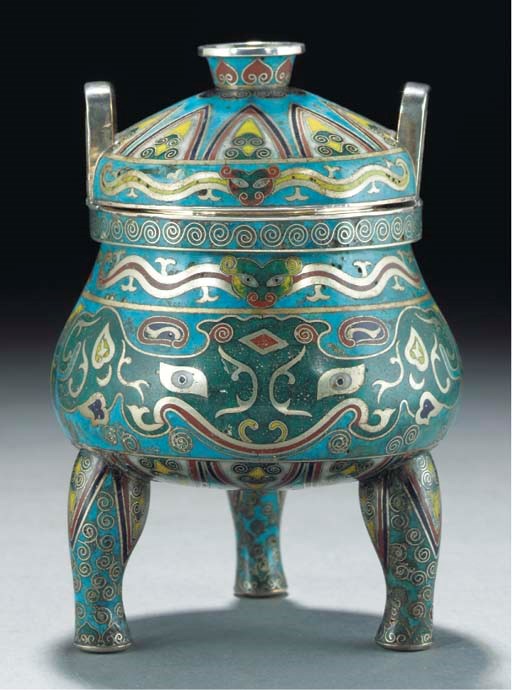 A cloisonne and silver tripod censer and cover, 18th Century