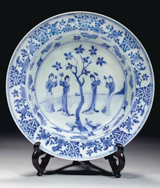 A blue and white shallow basin, underglaze six character Kangxi mark and of the period