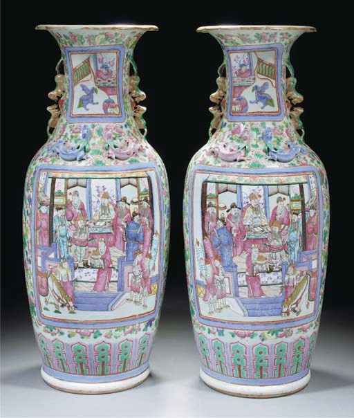 A pair of Cantonese famille rose vases, 19th Century