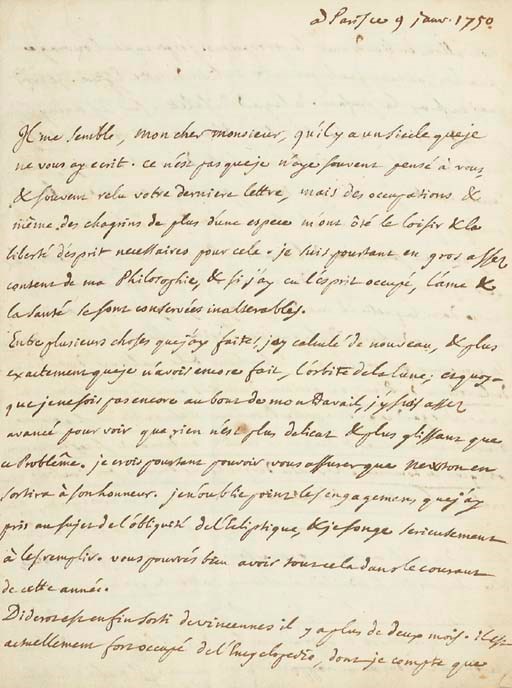 ALEMBERT, Jean Le Rond d' (1717-1783). Lettre autographe adressée à "Monsieur Cramer professeur de mathematiques à Geneve". Paris: 9 janvier 1750. 3 pp. in-4 (225 x 170 mm). Avec cachet de cire au chiffre. (Petit manque avec perte de quelques mots lors de l'ouverture de la lettre cachetée).