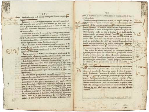 AMPÈRE, André-Marie (1775-1836). Notice sur une classification naturelle des sciences. Epreuves d'imprimerie du tiré à part original avec corrections autographes de l'auteur. S.l. [Paris:] Everat, s.d. [vers 1830]. 7 pp. numérotées in-8 (203 x 135 mm). (Quelques rousseurs pour le tiré à part original.) Les feuillets sont cousus et recueillis dans un étui en maroquin de Lobstein.