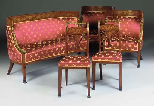 A MAHOGANY MARQUETRY AND BRASS MOUNTED SALON SUITE