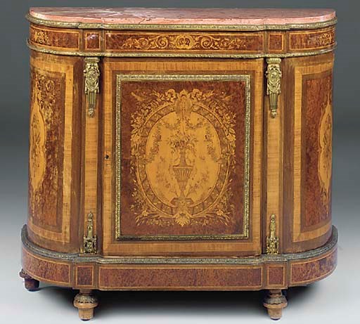 A FRENCH GILT METAL MOUNTED TULIPWOOD, YEWWOOD AND MARQUETRY CREDENZA