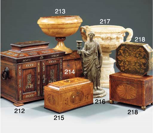 A tulipwood, burr walnut and sycamore marquetry tea caddy