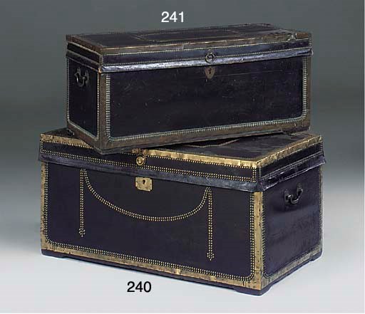 A CHINESE EXPORT CAMPHOR WOOD LEATHER AND BRASS MOUNTED CHEST