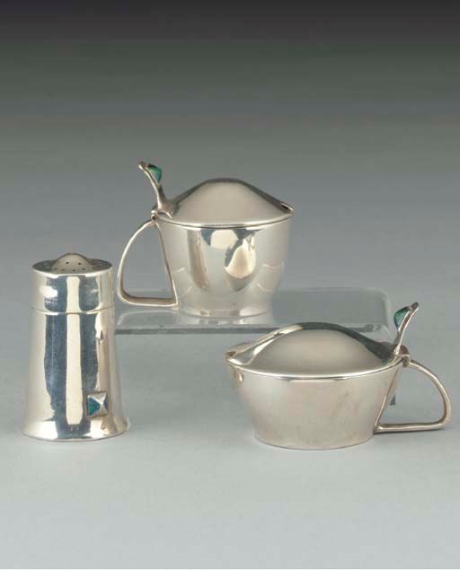 A Liberty and Co. Cymric Silver and Enamelled Cruet Set