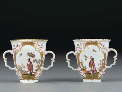 A pair of Meissen Chinoiserie two-handled beakers