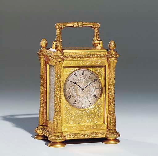 A Victorian engraved gilt-brass chronometer carriage timepiece