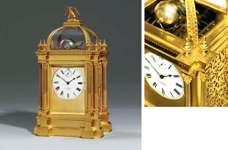 An early Victorian gilt-brass Cambridge quarter-chiming giant exhibition carriage clock