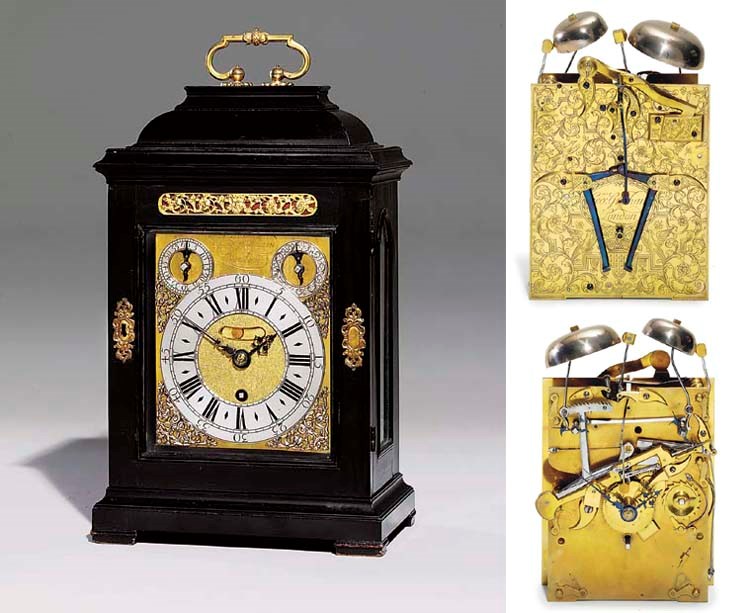 A George II ebonised silver-mounted table timepiece with pull quarter repeat