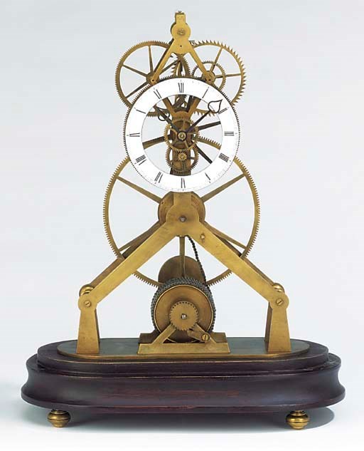 A Continental brass great wheel skeleton timepiece, probably 20th century