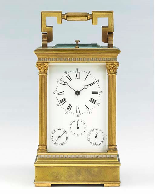 A French brass grande sonnerie carriage clock with calendar and alarm, circa 1890