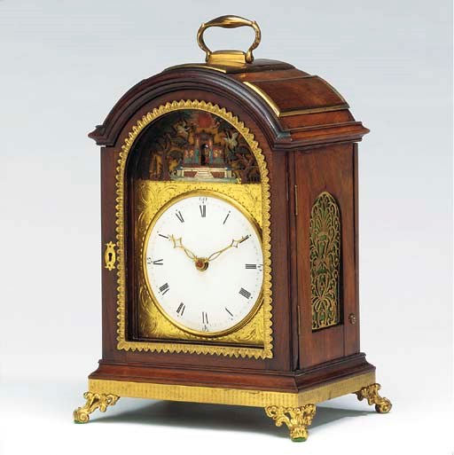 A Chinese brass mounted padouk wood striking and automaton table clock, circa 1800