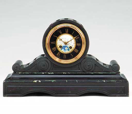 A French nero Belgio and verde antico marble striking mantel clock with calendar and moonphase, late 19th century