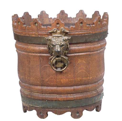 A VICTORIAN BRASS-BOUND OAK GOTHIC BUCKET