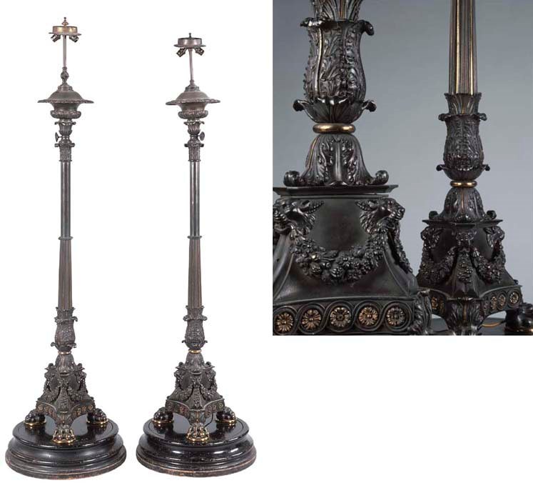 A PAIR OF WILLIAM IV ORMOLU-MOUNTED BRONZE LAMPS