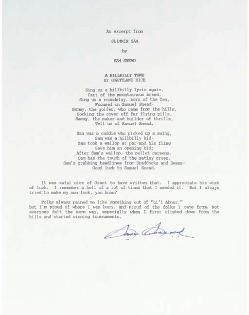 A TYPED AND SIGNED LETTER FROM SAM SNEAD