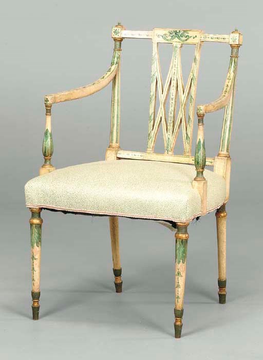A GEORGE III CREAM AND GREEN PAINTED OPEN ARMCHAIR,