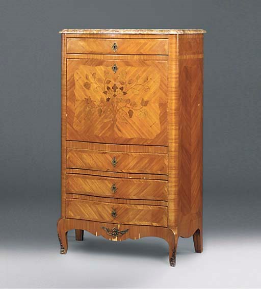 A FRENCH GILT METAL MOUNTED TULIPWOOD AND MARQUETRY SECRETAIRE