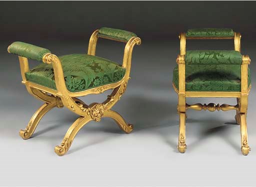 A PAIR OF ITALIAN GILTWOOD X-FRAMED STOOLS