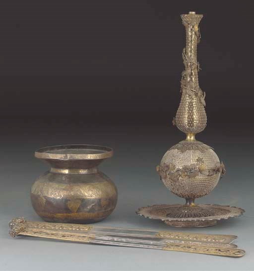 A Cantonese silver gilt filigree rosewater sprinkler and stand, 19th century