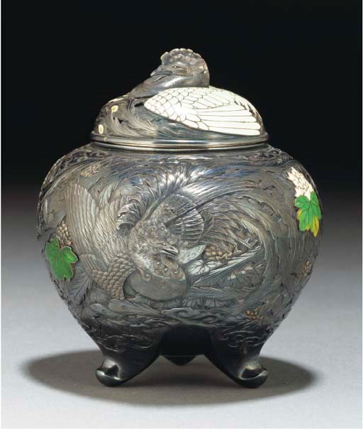 A Japanese silver and enamel tripod koro, cover and linner, signed Masaaki