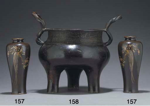 A pair of Japanese bronze tapering vases, 19th century
