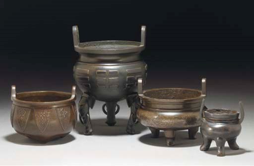 Four Chinese bronze tripod censers, 19th century
