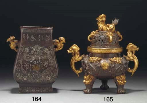 A Chinese parcel-gilt bronze tripod censer and cover, 20th century