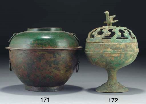 A Chinese archaic bronze twin-sectioned warming vessel, Han Dynasty and later