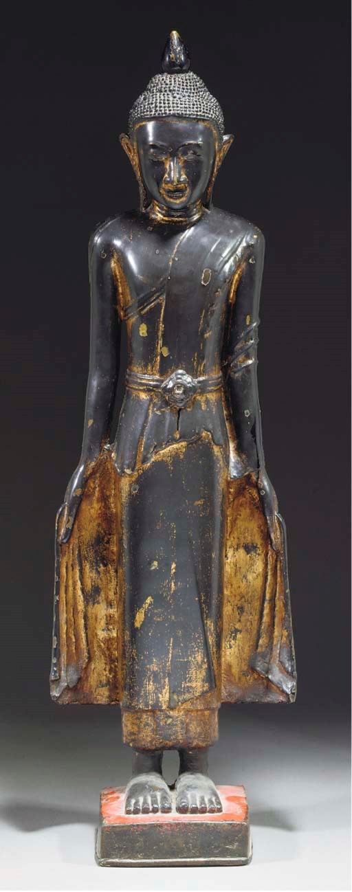 A large Thai lacquered bronze standing Buddha, 18/19th Century