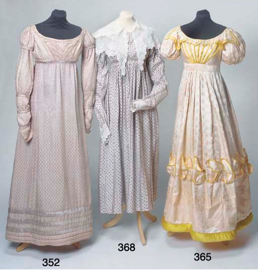 A lady's dress of pale apricot silk, figured with Chinoiserie motifs including pagodas, the high-waisted bodice with ochre silk piped detailing, having scalloped collar with ochre silk trim, Blonde lace edging and short puffed sleeves, the skirt with applied self-fabric stylised leaf motifs, bordering the lower part, to padded hemline, circa 1825