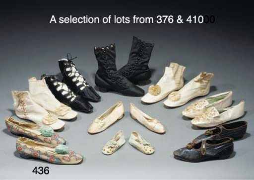 A pair of baby's shoes of pale pink silk, inscribed on the sole Ada Bromberg (?) Green, 1894; a pair of black leather baby's shoes; two polychrome woven-silk child's shoes; and a pair of child's boots with leather vamps, inscribed on the sole A.B.S., 1835