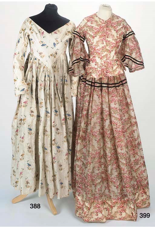A young lady's dress of ivory cotton and silk gauze, woven with ivory silk stripes and printed with sprays of red, blue and brown convulvulous, the boned bodice tapering to a deep V and with shallow V-neck, the long sleeves slightly gathered at the elbow, with lace trimmed cuffs, the bodice and sleeves lined with cotton, with concealed watch pocket, circa 1840
