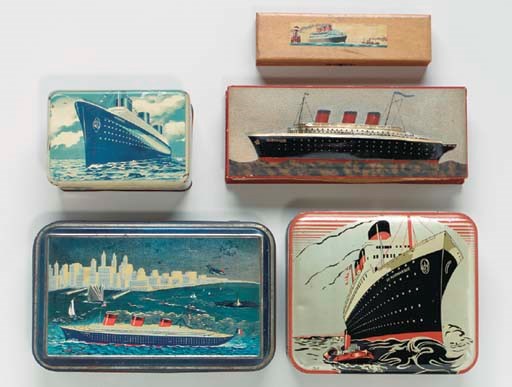 Three biscuit tins, a candy box and a pencil box all relating to the S.S. Normandie