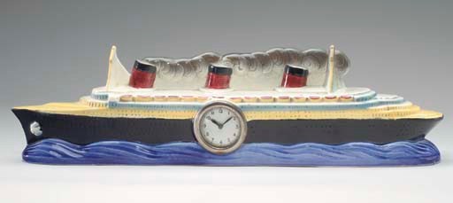 A ceramic model of the S.S. Normandie with an inset clock, circa 1937