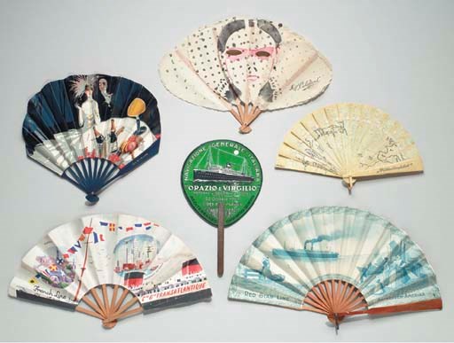 A group of six gala fans from various oceanliners