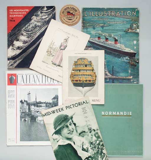 S.S. Normandie; a large format book, L'Illustration, Les Nouveautes Techniques Maritimes, two L'Atlantique, a magazine, two menus and a coaster