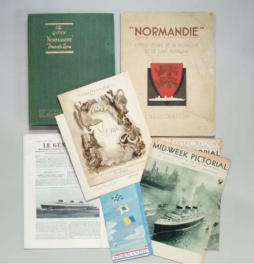 S.S. Normandie; a souvenir number of the The Shipbuilder And Marine Engine-Builder, L'Illustration, Mid-Week Pictorial, Le Genie Civil, two menus and a passenger list